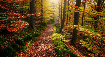 A winding path through a forest in autumn with colorful leaves and sunlight streaming through the trees ai generated