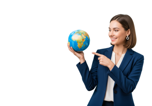 Smiling businesswoman pointing at world globe symbolizing opportunity on transparent background