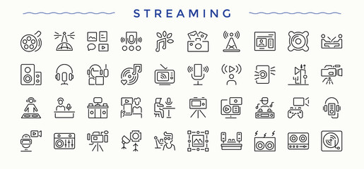 Streaming icon set. Video icon set. Trendy minimal icons. Contains such icons as podcast, live, video, media and more. Editable vector art.