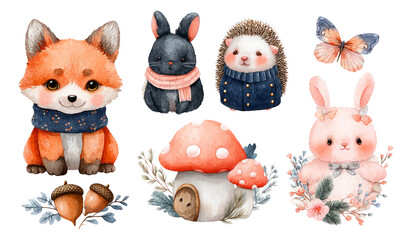 Fototapeta premium Adorable Woodland Animals in Watercolor Style with Mushrooms and Butterfly Decoration