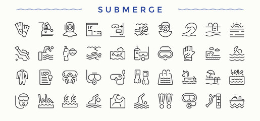 Submerge icon collection. Marine minimal thin line web icons set. Vector icons collection. Underwater linear icon set. Vector illustration in modern line style.