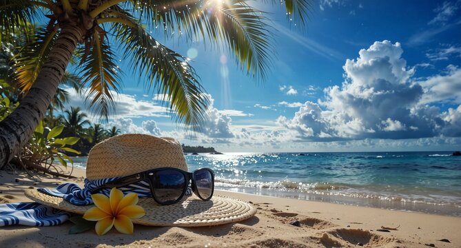 tropical beach scene with sun hat, sunglasses, and vibrant flowers on white sand under a clear blue sky.