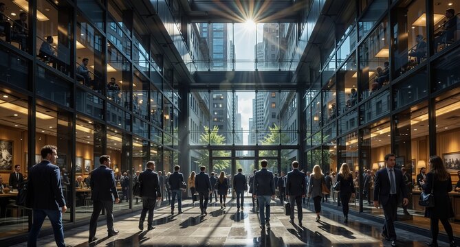 modern office lobby with diverse business people commuting during a sunny day in a city.