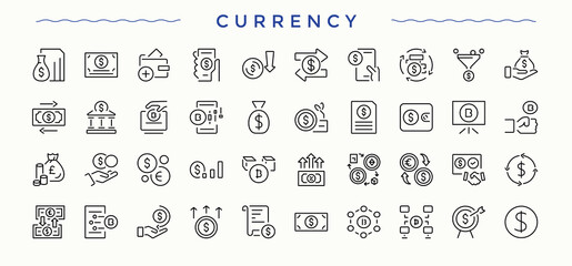 Currency simple icon set. Pack of banking, investment, finance, financial, payment, pay, wealth and more. Minimal thin line web icons set. Editable vector illustration. Financial icon set.