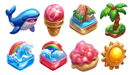 Colorful Cartoon Elements Collection Featuring Whale, Ice Cream, Palm Tree, and More