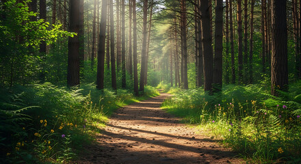 A sunlit path winding through a dense forest with tall trees and lush green undergrowth on either side ai generated