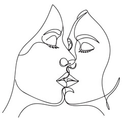 Continuous Line Art of Two Faces Kissing in a Loving Embrace