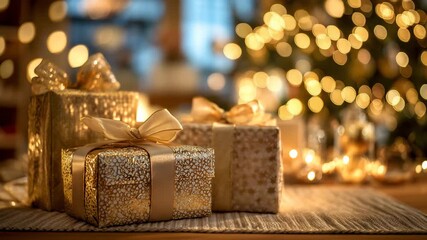 A soft defocused festive scene with glowing gift boxes as the camera pans sideways, warm golden bokeh flickering behind and gentle shimmering reflections, creating an inviting holiday backdrop - Powered by Adobe