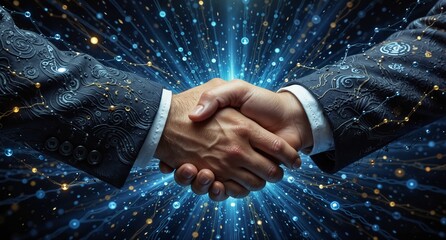 digital handshake agreement with glowing network connection symbolizing partnership and technological advancement.