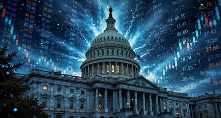 us capitol building with financial data overlay representing economics, government, and market trends.