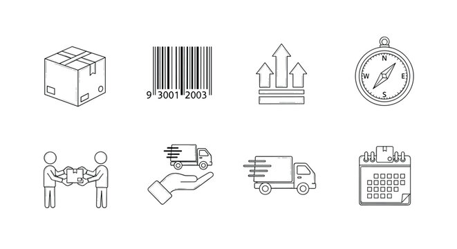 Minimalist delivery and shipping icons set logistics symbols for efficient transport