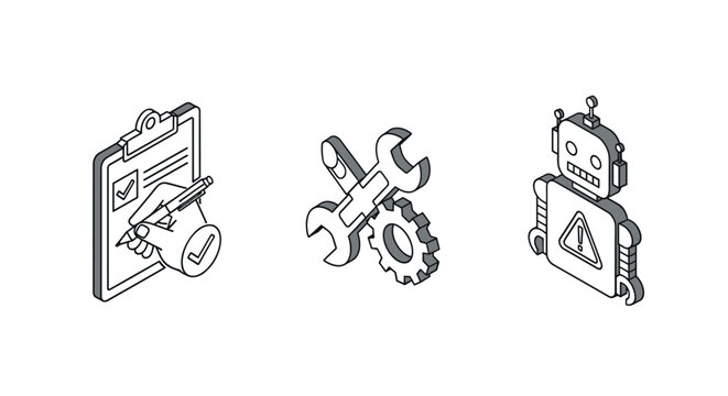 Isometric technical tools and robot with checklist and warning icons