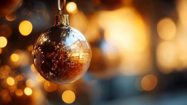 A warm festive ornament rotates gently as firelight and twinkling garlands reflect on its glossy surface, creating a glowing holiday backdrop ideal for Christmas ads, greeting videos and storytelling