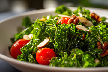 Fresh kale salad with cherry tomatoes and almonds prepared in a bright kitchen setting