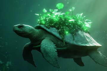 Obraz premium Enchanted turtle with luminous plants in mystical underwater world