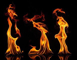 Three Flames on Black Background with Reflections Emanating Warmth and Energy in Studio Photography