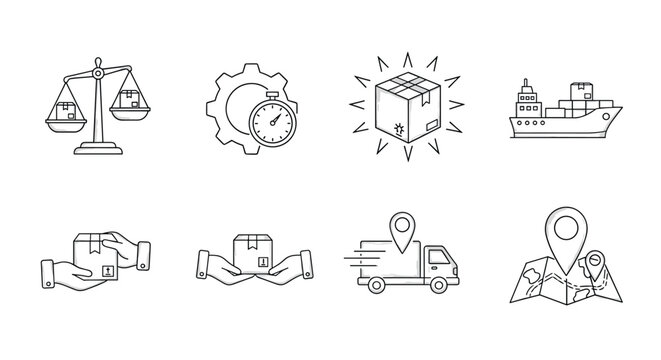 Linear shipping and delivery icons for efficient logistics and supply chain management