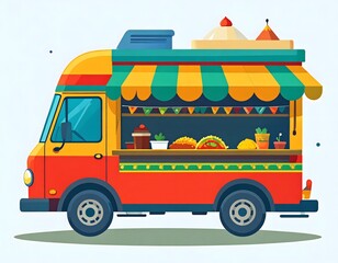 Vibrant Cartoon Taco Food Truck with Striped Awning Illustration