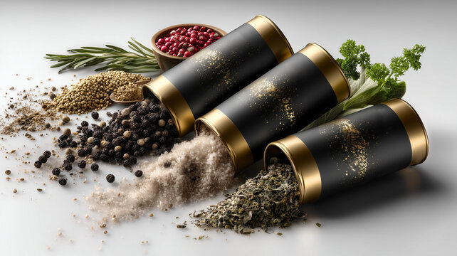 Elegant packets or tins of gourmet spice blends arranged on a white background with minimal props, such as scattered spices or herbs nearby, to emphasize the product's premium and natural qualities.