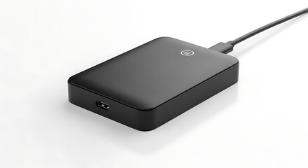 A close up shot of a black external hard drive with a cable on a white surface in a studio setting ai generated