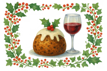 Christmas celebration showing a classic plum pudding with white icing and holly, with a glass of red wine, transparent background