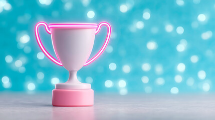 Pink neon trophy cup symbolizing success, victory and achievement standing on a light surface with soft blue bokeh background