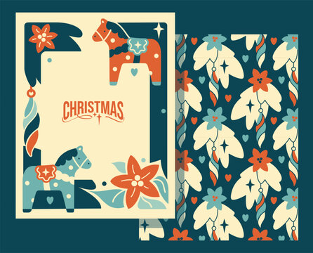 Vertical Christmas frame with copy space, featuring Dala horses and florals. Ideal for personalized cards, invitations, and holiday greetings