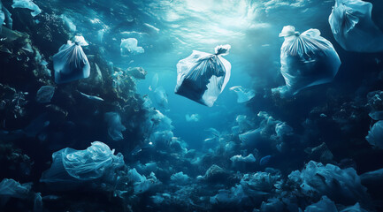 Underwater view of plastic bag and bottles, debris contaminates sea, emphasizing urgent need for ocean cleanup and protection.