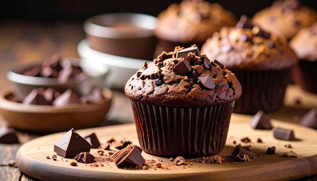 Delectable chocolate muffins dusted with cocoa are staged on a wooden board, with bowls of extra chocolate behind