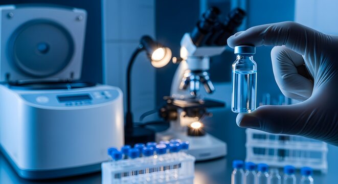 A gloved hand holds a vial in a laboratory setting, with a centrifuge, test tubes, and microscope visible in the background.
