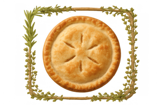 Baked golden pie with textured crust, featuring a decorative rosemary sprig outline frame on a transparent background