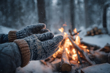 Warm hands reach for a cozy fire in a snowy forest during winter evening