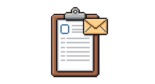 Pixel art clipboard with checklist and envelope icon