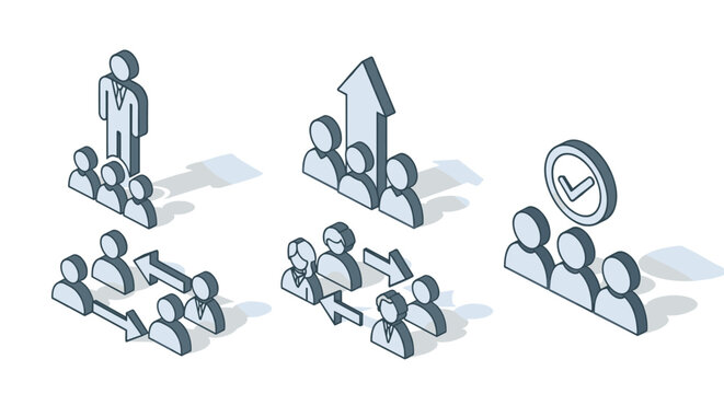 Isometric team dynamics leadership, collaboration, and success symbols