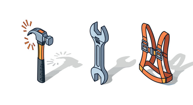 Colorful tools and safety gear isometric icons hammer, wrench, harness
