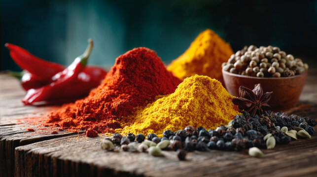 A vibrant, high-resolution close-up photograph of colorful spices—paprika, turmeric, cumin, and pepper—spread out on a rustic wooden surface. 