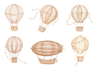 Flying Hot air balloon with flags and Dirigible in neutral colors. Watercolor zeppelin isolated illustration for kids © Elena