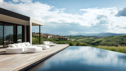 Sunny day on large terrace with white sofas, glass railing frames turquoise pool and peaceful hills and water views.