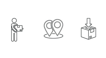 Line art icons of package delivery, location tracking, and parcel receiving