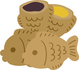 Illustration of a set of Korean fish-shaped pastries with red bean and custard fillings, traditional winter dessert.