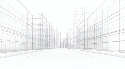 Perspective architectural drawing shows city street, modern buildings and geometric forms, minimalist linework presents urban design.