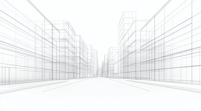 Perspective architectural drawing shows city street, modern buildings and geometric forms, minimalist linework presents urban design.