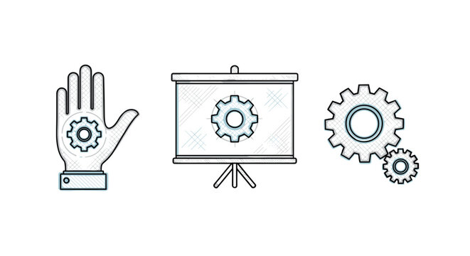 Outline style gear icons with presentation board and hand symbol on white background