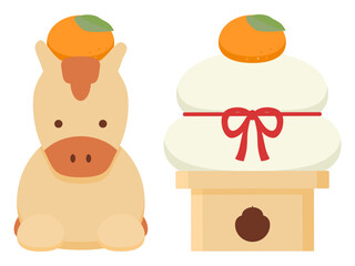 頭にみかんを乗せておすわりする馬と鏡餅（正面）