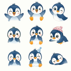Cute Watercolor Set of Happy Baby Penguins with Various Poses