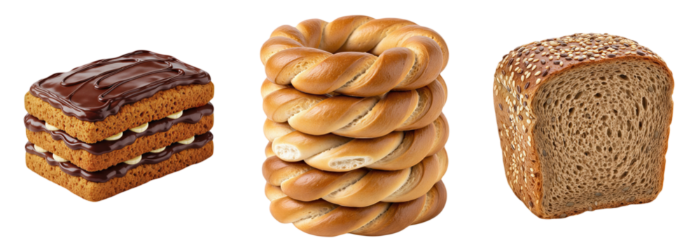 Assortment of baked goods stack featuring a chocolate glazed layered biscuit sweet treat braided ring bread bagels and a slice of multigrain seed loaf isolated