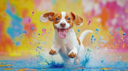 A playful dog running through colorful splashes.