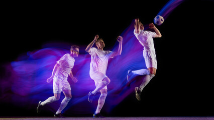 Sequence of soccer player jumping for header with glowing neon light motion. Concept of...