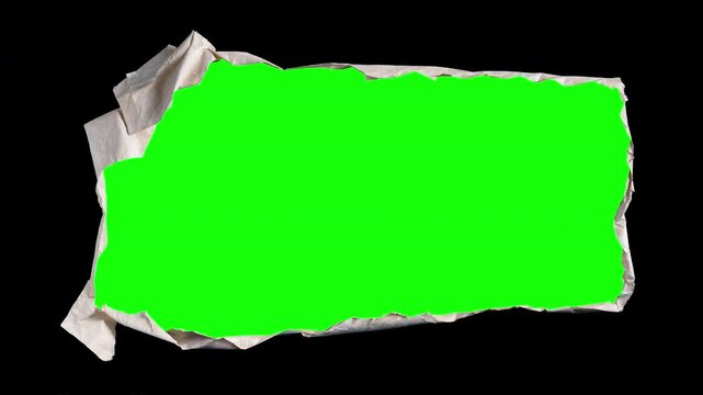 4K torn paper frame with green screen center on transparent alpha background, rough edges and folded paper texture, creative stop motion collage element for photo, text or video placeholder in motion 