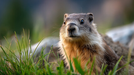 A cute groundhog on a festive spring day. Groundhog Day. A groundhog with fluffy fur. Landscape view.